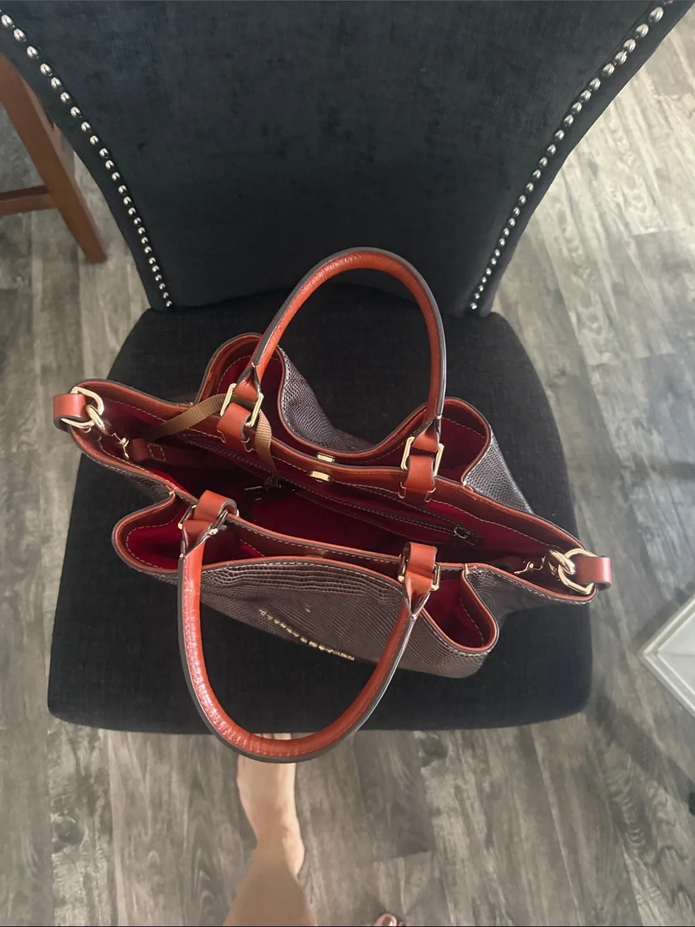 Dooney & Bourke Brown Lizard-Embossed Tote with Tan Handles